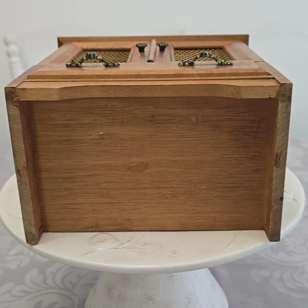 Vintage Mid Century Wood Music Jewelry Box 4 Drawers Mesh Wire Door Metal Pulls